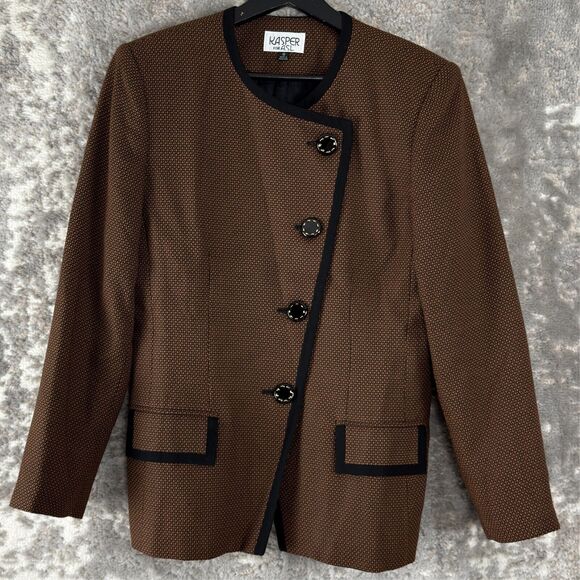 Kasper ASL Size 8 4 Button Blazer Jacket Brown Long Sleeve Lined Round Neck - Picture 1 of 8